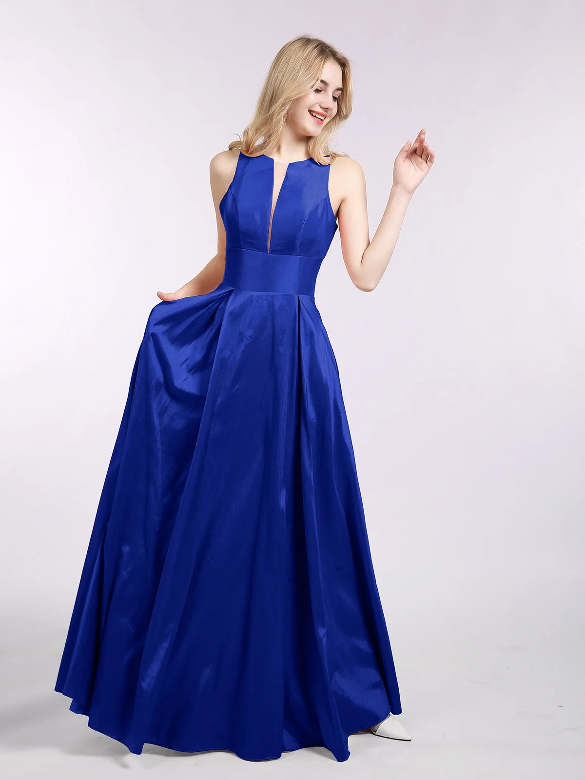 A-ligne Taffeta Robe Longue avec Poches Bleu Royale