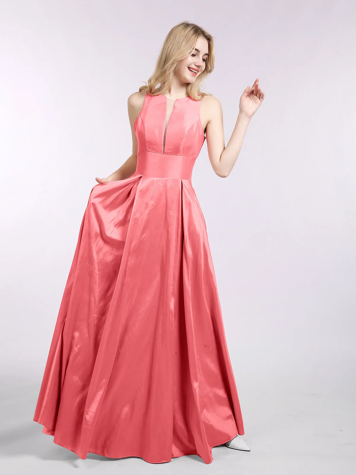 A-ligne Taffeta Robe Longue avec Poches Pastèque Grande Taille