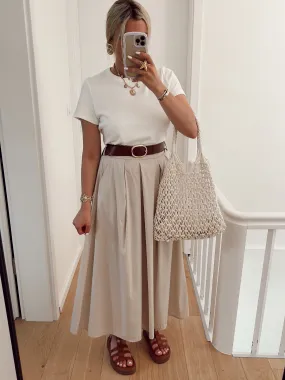 Jupe CYGNA Longue à pinces avec ceinture marron, en coton beige