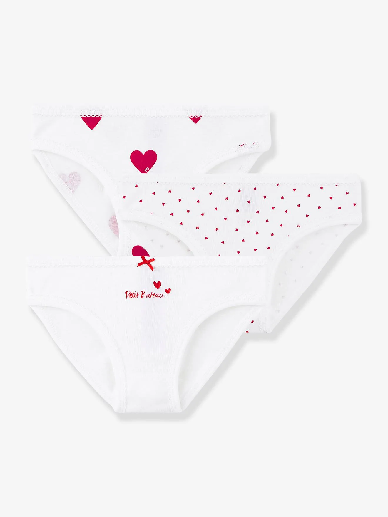 Lot de 3 culottes coeur en coton petite fille - PETIT BATEAU blanc coeurs - Petit Bateau