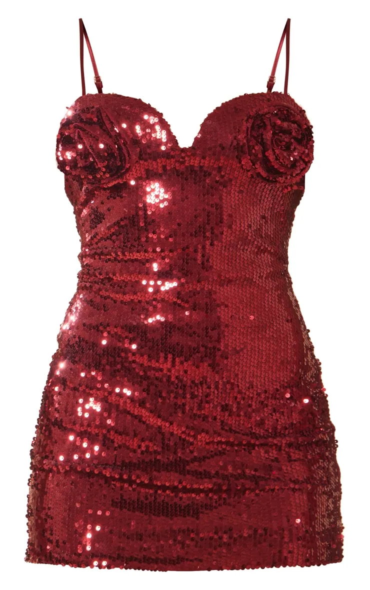 Mini-robe bustier en sequins rouge foncé à détail fleur