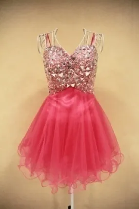 Mini robe de soirée rose corail orné de strass