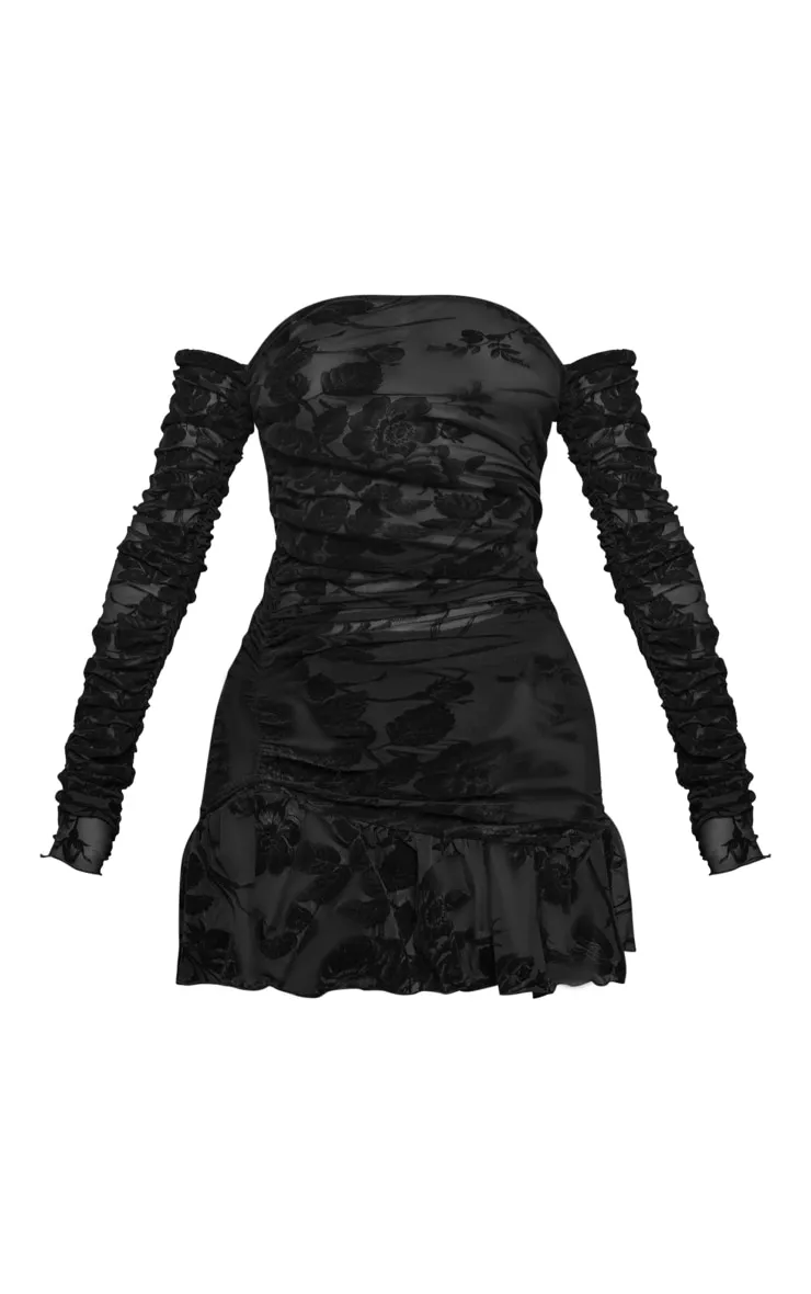 Petite Mini robe floquée froncée noire à épaules dénudées