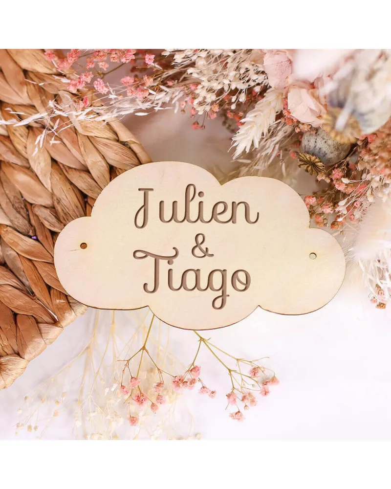 Plaque de porte nuage en bois personnalisée avec 1 ou 2 prénoms