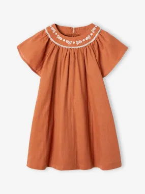 Robe brodée matière effet lin fille caramel - Vertbaudet