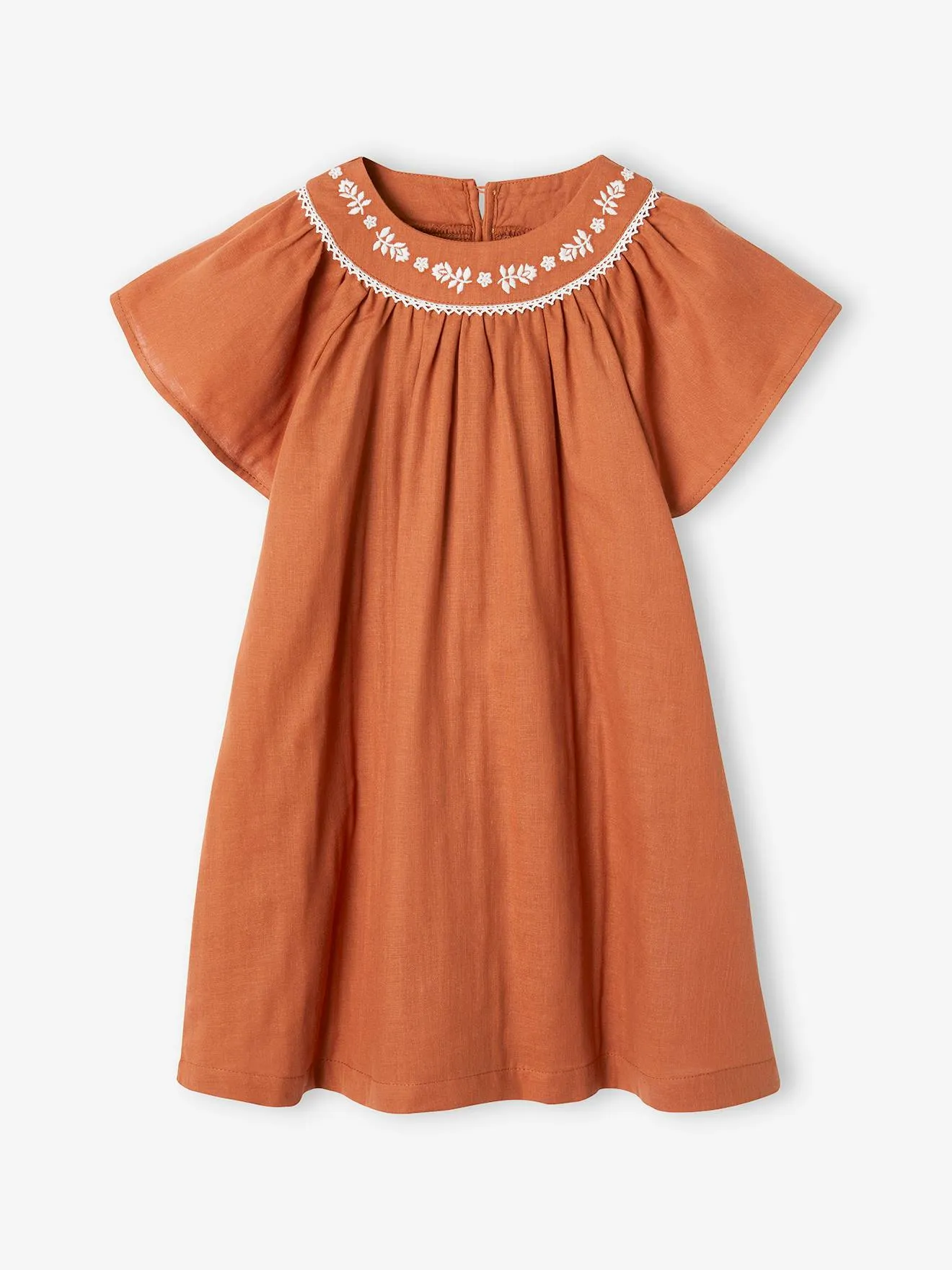 Robe brodée matière effet lin fille caramel - Vertbaudet