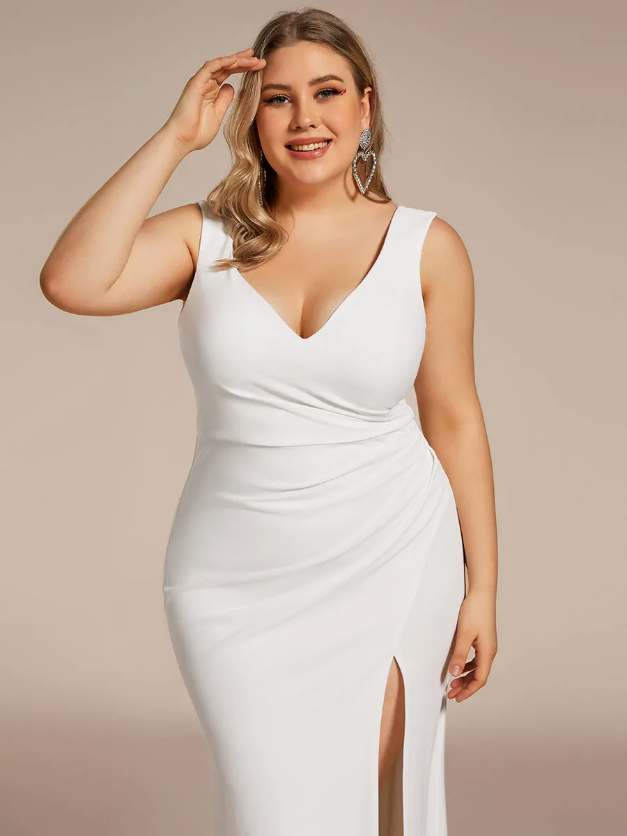 Robe de Mariée Simple Col en V Profond Grande Taille Sans Manches