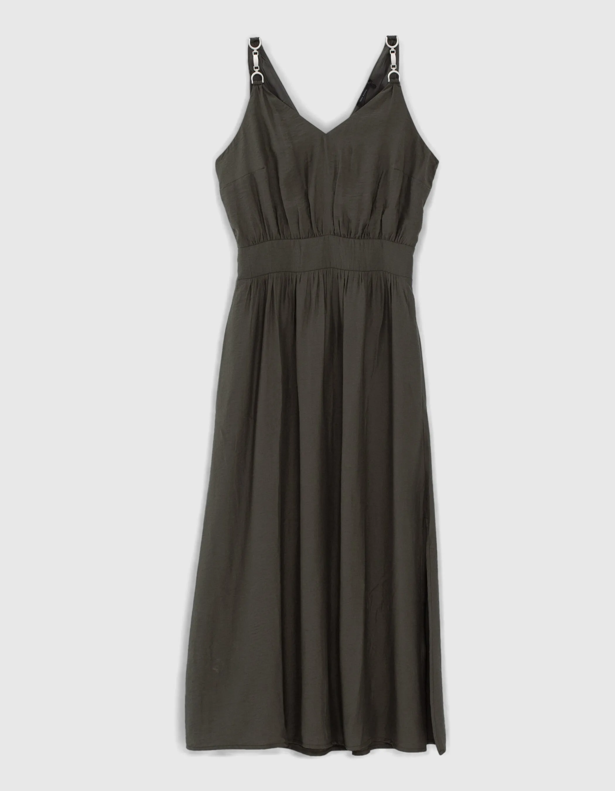 Robe longue kaki bretelles bijoux et fente femme