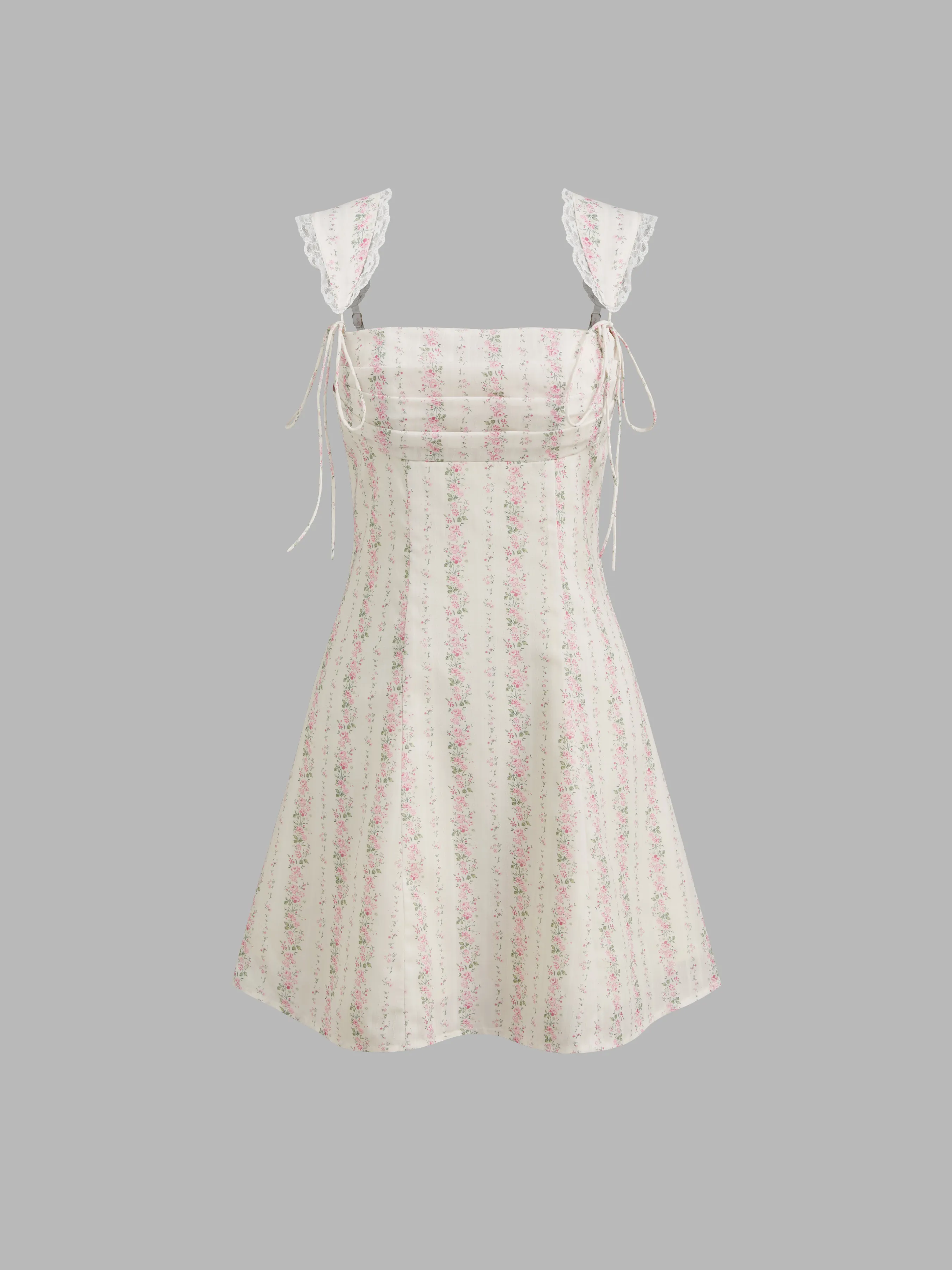 Robe mini à col carré et dentelle florale avec nœud