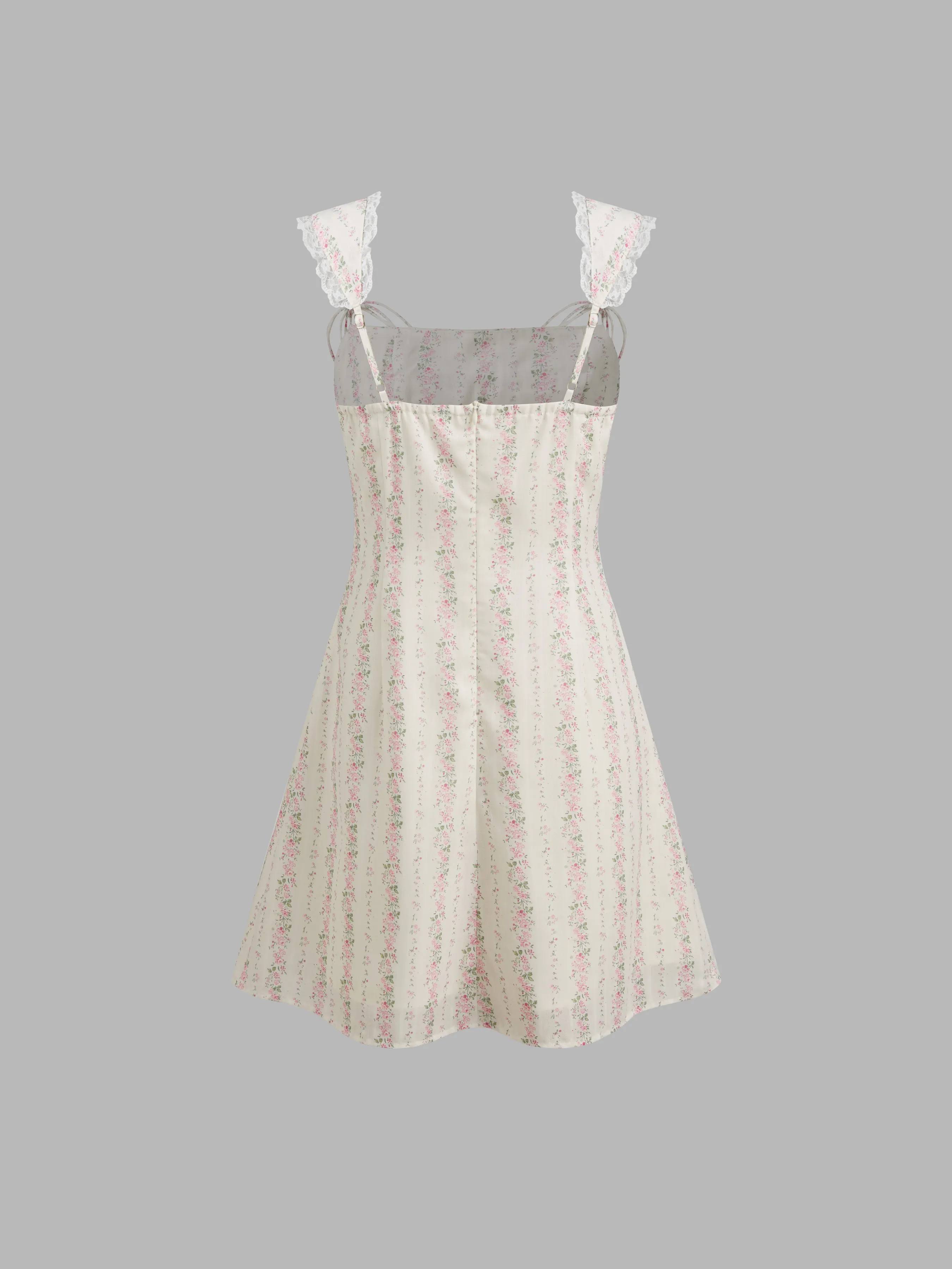 Robe mini à col carré et dentelle florale avec nœud