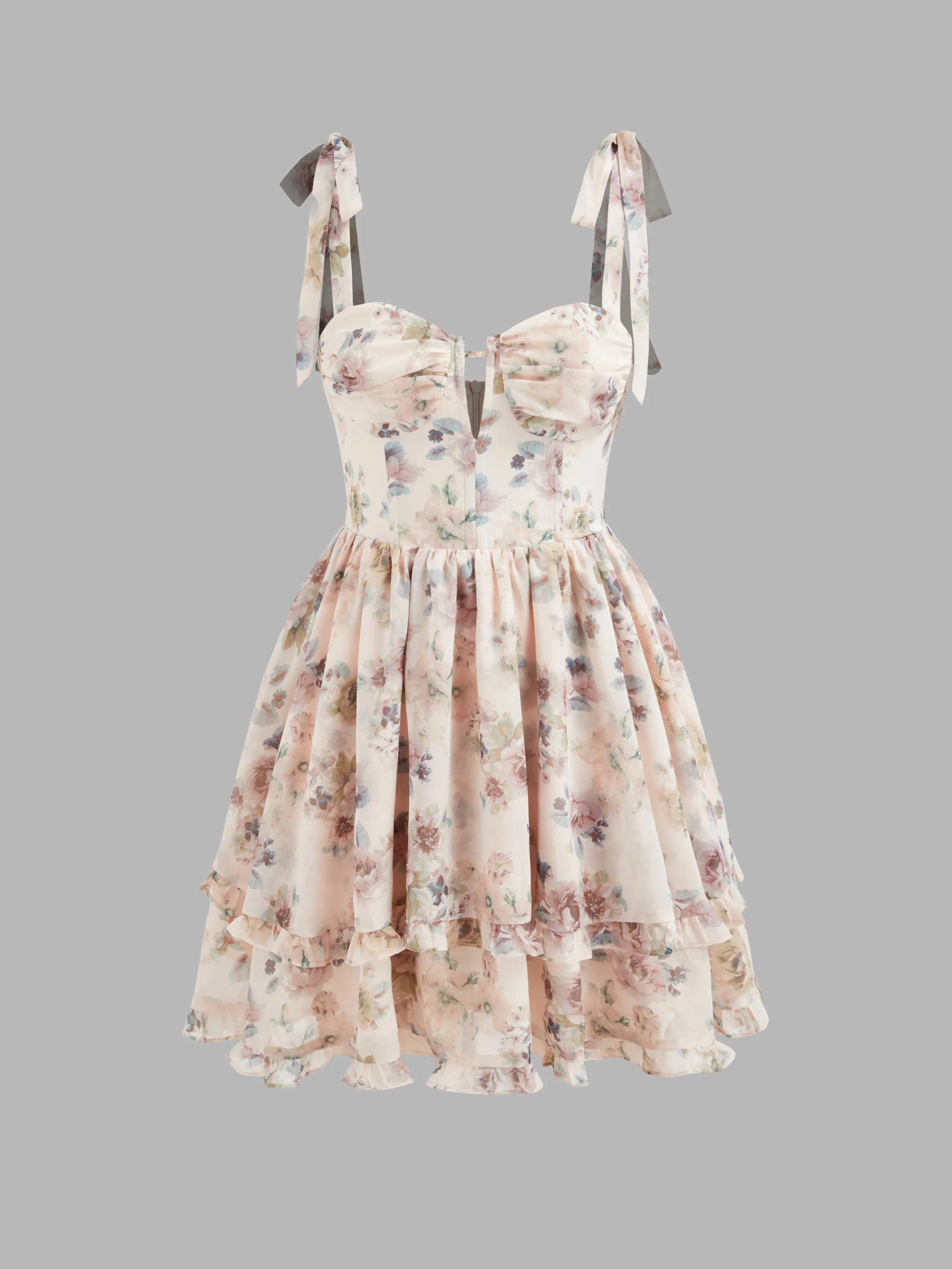 Robe mini à volants superposés et nœud en mousseline florale