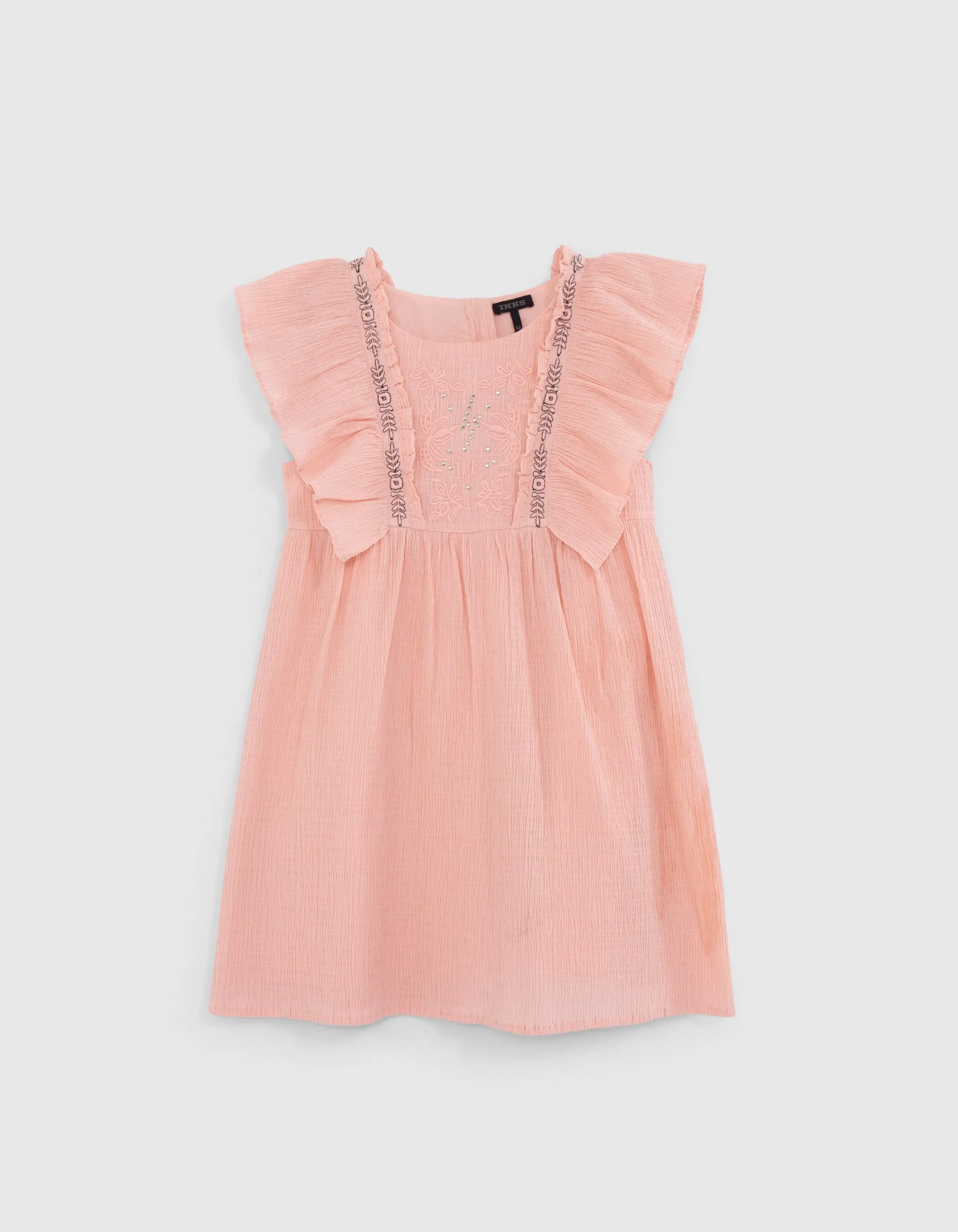 Robe pêche tissu gaufré et broderies fille